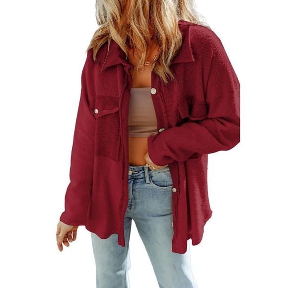 Azura Exchange  Red Contrast Flap Pockets Relaxed Shacket - Picture 6 of 12